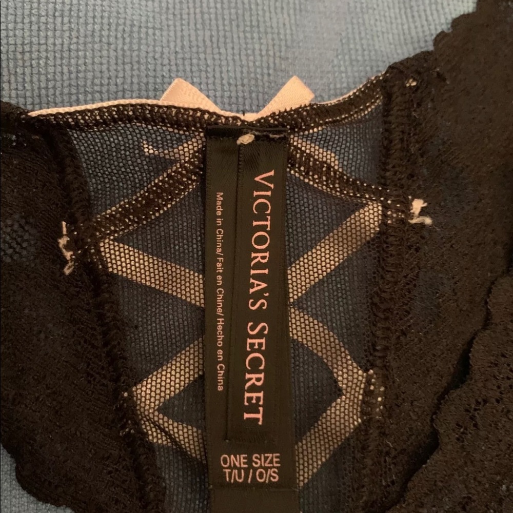 Victoria Secret One Size Thong Black Lace Pink Ribbon Bow New WO Tags